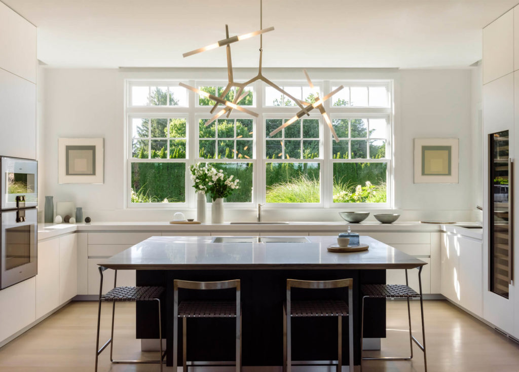 DHD Architecture - Water Mill Long Island Custom House Chandelier Garden View Custom Boffi Island- Kitchen - David Howell